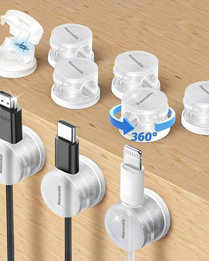9 Pack Spring Cord Organizer Cable Clips [Locking Cable Rotatable], 2025 Latest Nearockle Phone Charging Cord Holder Cable Management for Car, Nightstand, Office Desk Accessories (Clear)
