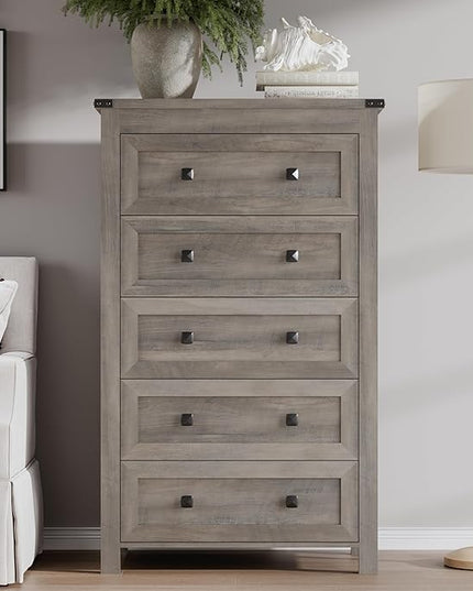 BORNOON Tall 5-Drawer Dresser, Modern Wooden Storage Chest of Drawers, Dresser TV Stand, Wood Drawer Organizer with Metal Handles for Bedroom, Living Room, Hallway