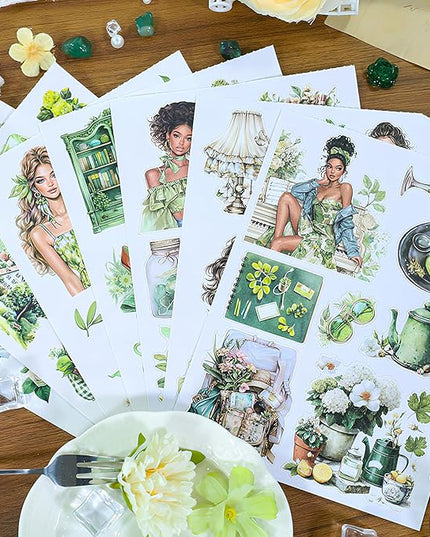 Snycler Sticker Book - 20 Sheets Vintage PET Stickers for Scrapbooking, Junk Journaling, Ephemera, and Decorative Crafts-Fresh Green