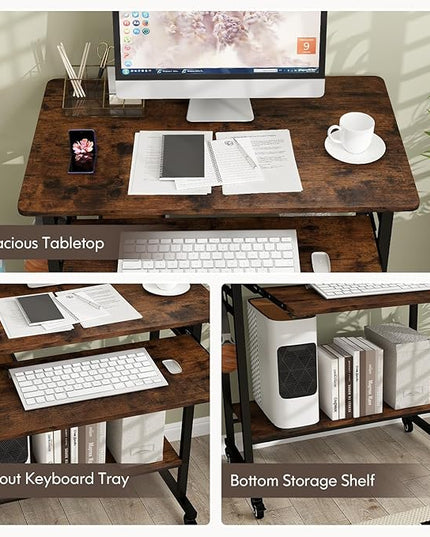 Tangkula Rolling Computer Desk Cart with Keyboard Tray, Mobile Portable Laptop PC Desk with CPU Stand & 3 Hooks for Sofa & Bed, Industrial Small Desk on Wheels for Small Spaces, Home Office Desk