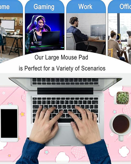 Pink Mouse Pad Large Desk Mat Gaming, Kawaii Desk Pads Stars Mouse Mat XXL Cute Keyboard Pad, Laptop Computer Mat with Non-Slip Base & Stitched Edges, Office Decor for Women 31.5" x 15.7"