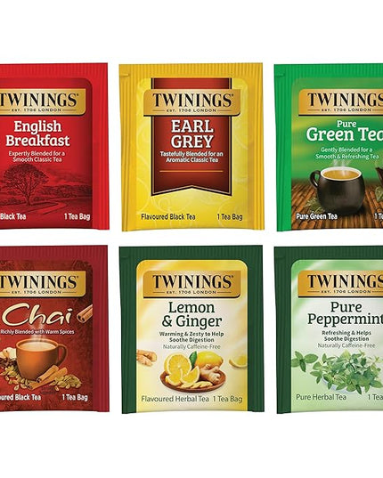 Twinings Variety Pack Tea Bags, 25 Count (Pack of 6) Includes English Breakfast, Earl Grey, Lemon Ginger, Peppermint, Green, and Chai, Enjoy Hot or Iced, 150 Teabags