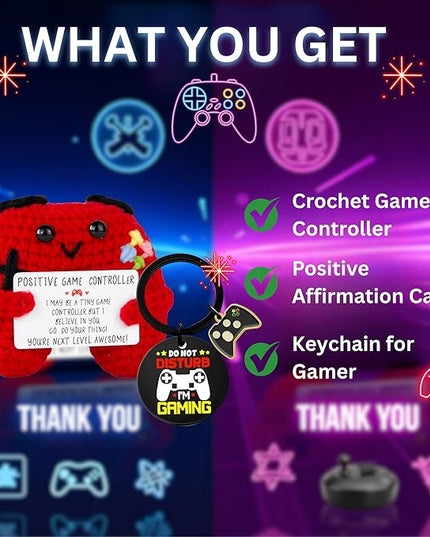 Gamer Gifts Positive Crochet Game Controller and Inspirational Keychain, Unique Teenage Boy Gifts Idea, Gaming Gift Set with Gamer Keychain, Birthday Gift Emotional Support Crochet for Game Lovers