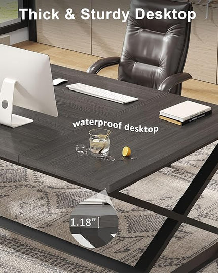 IBF 70 Inch Large Desk, Long Computer Desk for Writing Study, Industrial Home Office Work Executive Desk for Bedroom, Wood Metal Pc Gaming Workstation Computer Table for 2 Monitors, Dark Gray Oak