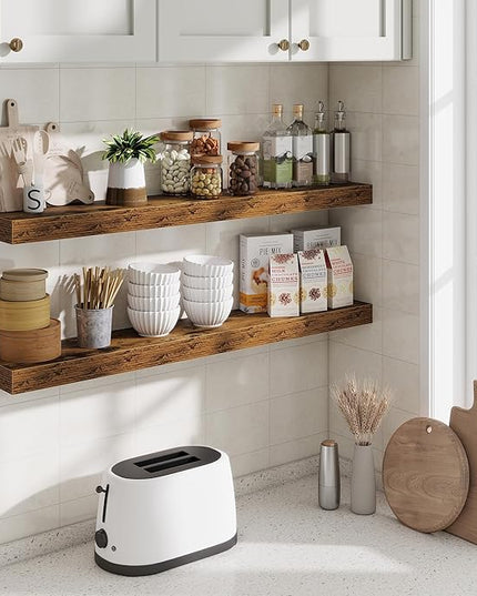Fun Memories 40 Inch Floating Shelves, Long Wood Wall Shelf Set of 2 with Invisible Brackets, for Bathroom, Living Room, Bedroom, Kitchen, Rustic Brown