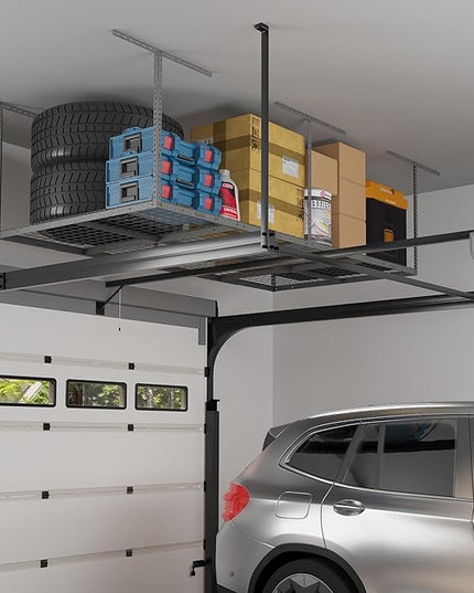 FLEXIMOUNTS 4x8 Overhead Garage Storage Rack, Adjustable Organization System, Heavy-Duty Metal Ceiling Racks, 750lbs Weight Capacity, Hammertone, Classic Series