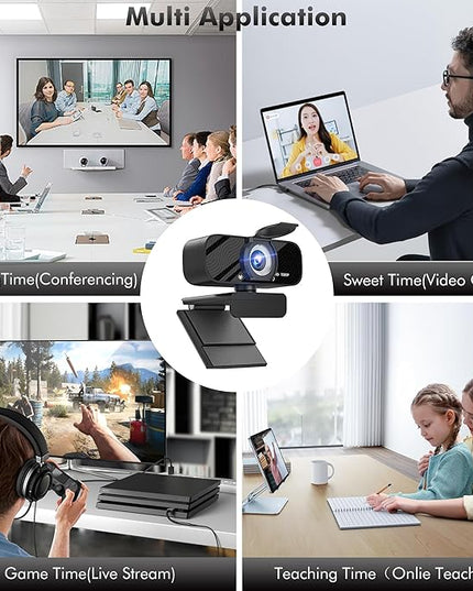 USB HD Webcam with Built-in Microphone and Rotatable Tripod, 1080P Video, Wide Angle Camera, Privacy Cover, for Desktop PC or Laptop Computer - 4（Black）