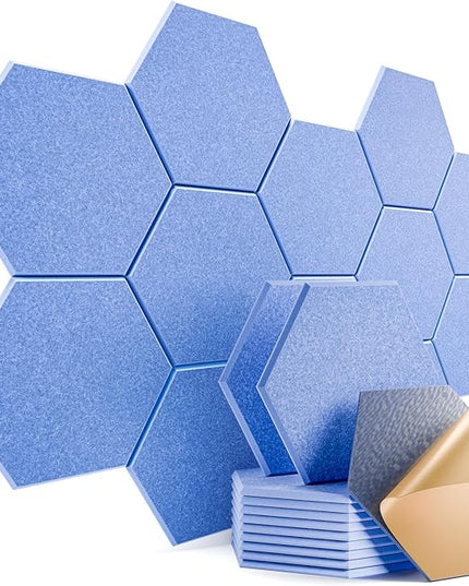 12 Pack Self-adhesive Acoustic Panels 12" X 10" X 0.4" - Sound Proof Foam Panels with High Density, Stylish Hexagonal Design, Flame Resistant, Absorb Noise and Eliminate Echoes(Steel Blue)