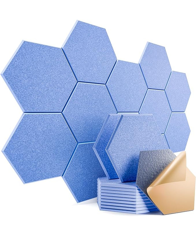 12 Pack Self-adhesive Acoustic Panels 12" X 10" X 0.4" - Sound Proof Foam Panels with High Density, Stylish Hexagonal Design, Flame Resistant, Absorb Noise and Eliminate Echoes(Steel Blue)