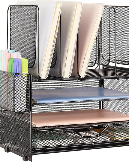 LEKETREE Desk Organizers and Accessories, 3-Tier Paper Organizer with 5 Vertical File Holders, File Organizer for Desk (Black With Drawer, 3T With Drawer)