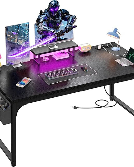 55 x 24 inch Gaming Desk with Power Outlets & Storage Bag, Computer Desk with Monitor Stand, 0.95 Inch Thicker Desktop of Office Desk with Light, Writing Desk for Home Office, Bedroom, Black