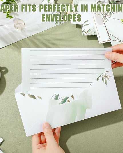 TaoBary 160 Pcs Stationery Paper Set 50 Double Sided Stationery Papers with 50 Matching Envelopes and 60 Round Dot Sticker, 10 Design(Green Leaves,8.5 x 11 Inch)