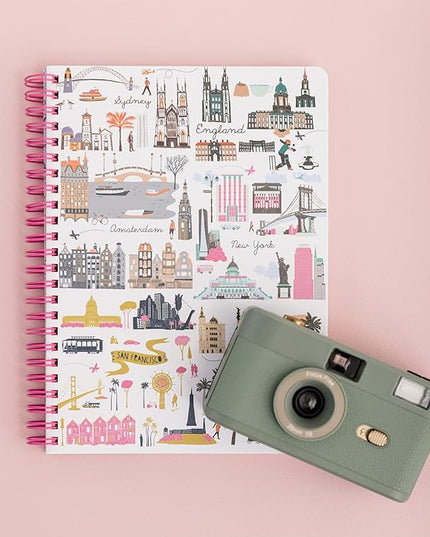Steel Mill & Co Cute Mini Spiral Notebook, 8.25" x 6.25" Journal with Durable Hardcover and 160 Lined Pages, Travel Icons