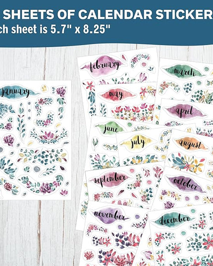 Transparent Monthly Planner Stickers - 12 Clear Sticker Sheets with Beautiful Watercolor Stickers & Undated Calendar Sticker Months - Planner, Scrapbooking and Journaling Supplies (Floral)