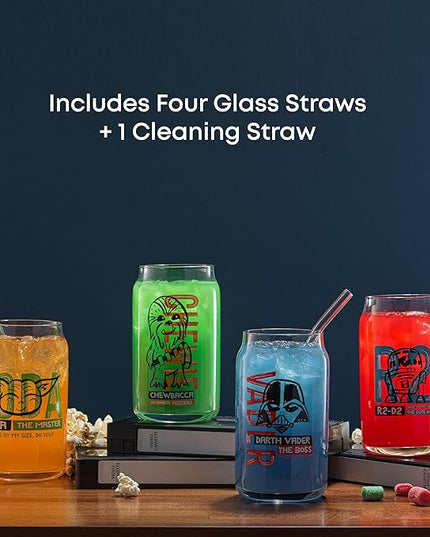 JoyJolt Star Wars Now Playing Collection Tumblers, 16.9oz Classic Can Shape Glass Tumbler Set of 4 w/Glass Straws