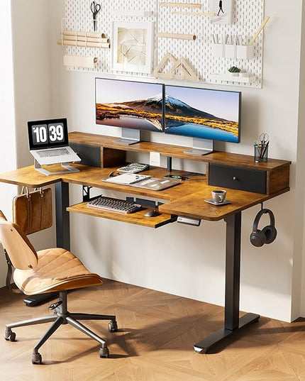 OffiGo U Shaped Electric Standing Desk with Drawers, 55 Inch Height Adjustable Desk with Keyboard Tray ＆ Ergonomic Monitor Stand, Sit Stand Table with Power Outlets for Home, Office, Rustic Brown