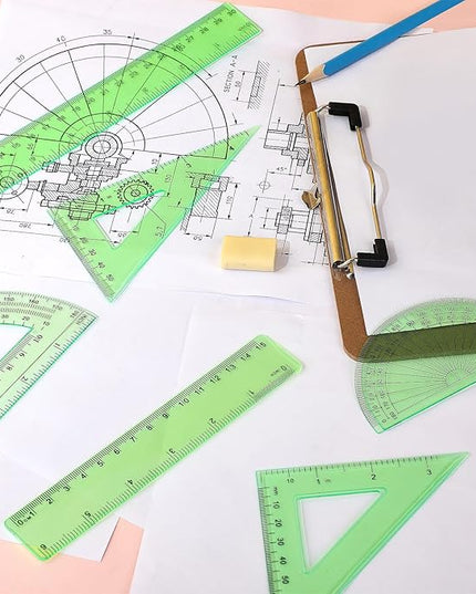 Tenare 1 Set Plastic Clear Math Set Includes Protractor Triangle Rulers 12 Inch 6 Inch Straight Geometry Math Transparent Ruler Measuring Tool for School Office Home Supplies (Green)