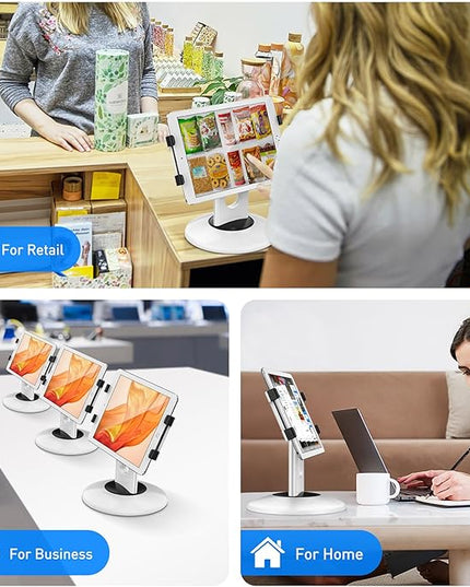 AboveTEK Retail Kiosk iPad Stand, 360° Rotating Commercial POS Tablet Stand, Fits 6"-13" (Screens) iPad mini Pro-Business Swivel Tablet Holder, for Store Office Reception Kitchen Desktop (White)