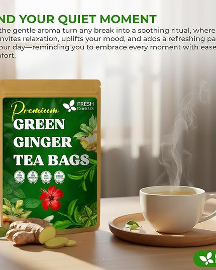 FreshDrinkUS, Premium Green Ginger Tea | 135 Tea Bags | Sencha Green Tea with Ginger, Lemongrass, Turmeric, Hibiscus & Peppermint | Natural Herbal Blend | Comfort & Refreshing, Vegan
