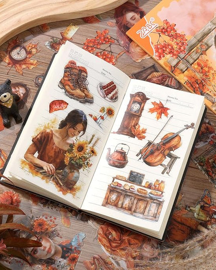 Auguro PET 20 Sheets 180 Pre-Cut Fall Stickers for Scrapbooking Landscape People Scrapbook Sticker Transparent Stickers for journali Scrapbook Supplies