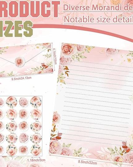 TaoBary 160 Pcs Stationery Paper Set 50 Double Sided Stationery Papers with 50 Matching Envelopes and 60 Round Dot Sticker, 10 Design(Floral,8.5 x 11 Inch)