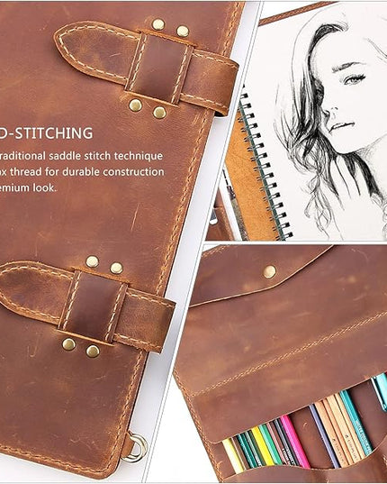 Robrasim Handmade Leather Sketchbook Cover, Artist Sketch Pad Holder for 9"X12" Sketchbook, Drawing Book and Pencil Case, Journal Notebook Portfolio with Shoulder Strap, Artist Gifts, Brown