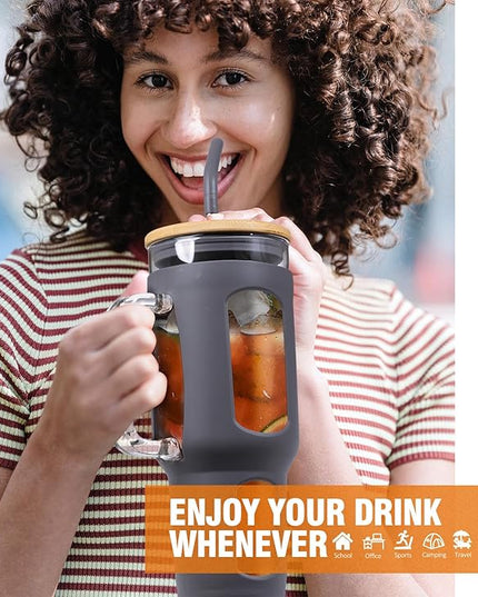 Glass Tumbler with Lid and Straw, 46 oz Iced Coffee Cup with Handle, Large Water Bottles with Silicone Sleeve, Glass Cup with Straws - Pearl Straw & Drinking Straw BPA Free-Grey