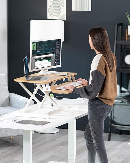 VIVO 32 inch Desk Converter, K Series, Height Adjustable Sit to Stand Riser, Dual Monitor and Laptop Workstation with Wide Keyboard Tray, Bamboo Top, White Frame, DESK-V000KO