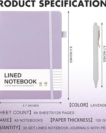 Aodaer 30 Set Lined Notebook Journals with Pens A5 Notebooks 100 GSM College Ruled Hardcover Notebook PU Leather Notepad with Pen Holder for Office School, 5.7 x 8.3 Inches, Lavender