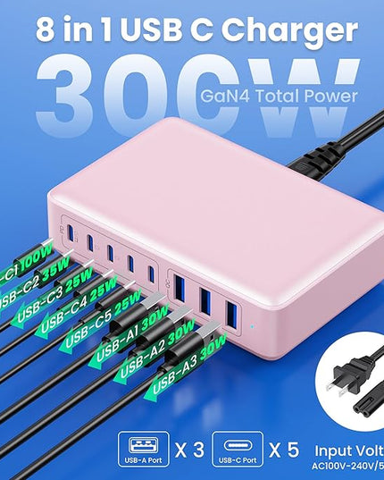 USB C Charger 300W USB C Charger Block 8-Ports GaN IV Fast Charging Station,PD 100W Laptop Charging Hub Wall Adapter Compatible with MacBook/Air,DELL,Steam Desk,iPhone 16/15/14,Galaxy S24