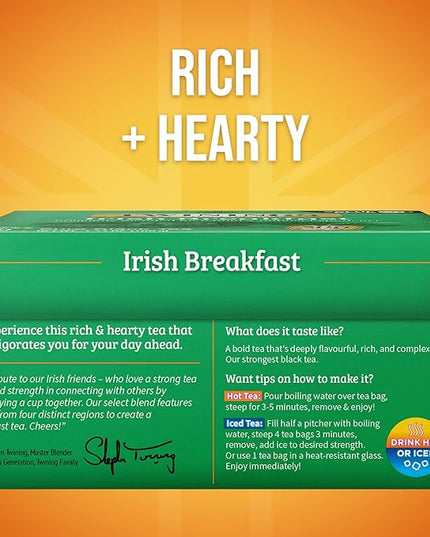 Twinings Irish Breakfast Black Tea Individually Wrapped Bags, 50 Count (Pack of 6), Flavourful, Bold, Robust, Caffeinated, Enjoy Hot or Iced, 300 Teabags