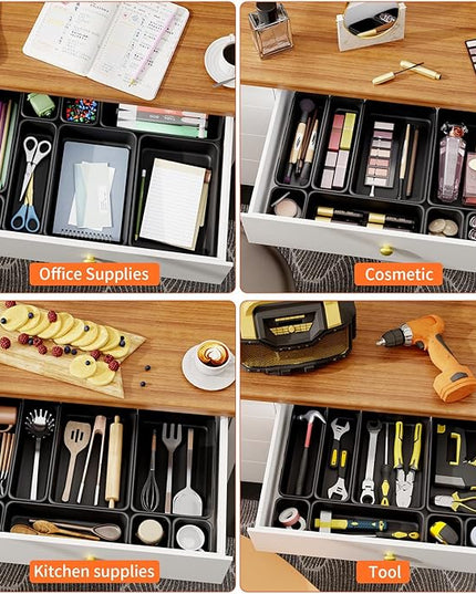 Giklux 45 Pack Desk Drawer Organizer Tray, 3 Sizes Plastic Drawers Organizer Storage for Kitchen, Bathroom, Office, Vanity, Makeup, Utensils, Junk Drawer Organizer Bins, Gadget Trays for Organizing.