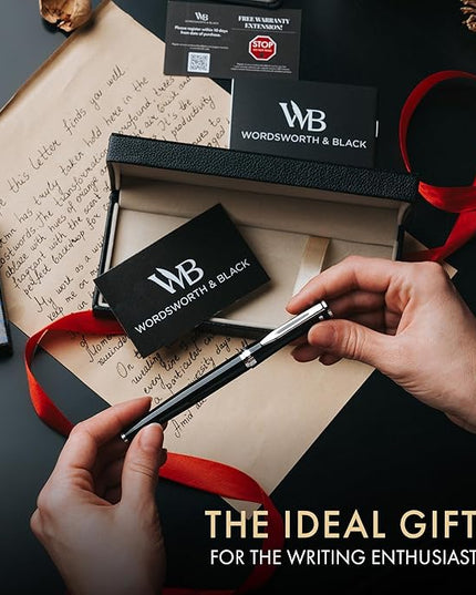 Wordsworth & Black Fountain Pen Set, 18K Gilded Extra Fine Nib, Includes 24 Pack Ink Cartridges, Ink Refill Converter & Gift Box, Chrome Finish, Calligraphy, [Black Chrome], Perfect for Men & Women