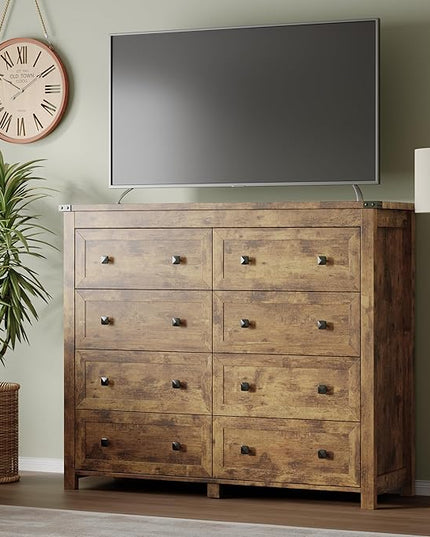 BORNOON Tall 8-Drawer Dresser, Modern Wooden Storage Chest of Drawers, Dresser TV Stand, Wood Drawer Organizer with Metal Handles for Bedroom, Living Room, Hallway