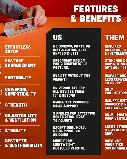 Steepy Portable Laptop Stand for Desk – Adjustable Height, & Portable Laptop Holder – Ergonomic Computer Stand for Cooling & Comfort – Slip-Proof, Sturdy Design – Universal Fit for 13-17 Inch Devices