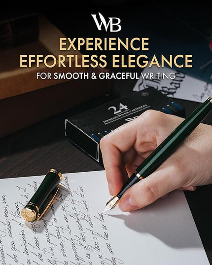Wordsworth & Black Fountain Pen Set, 18K Gilded Medium Nib, Includes 24 Pack Ink Cartridges, Ink Refill Converter & Gift Box, Gold Finish, Calligraphy, [Racing Green], Perfect for Men & Women