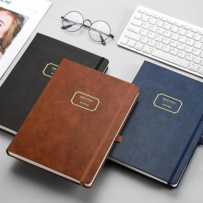 EMSHOI Meeting Notebook for Work with Sticky Tabs - 240 Pages, A4 Size Project Planner, PU Leather Meeting Agenda/Minutes Organizer for Women Men, Note Taking, Office & Business, 8.3"x11.7", Black