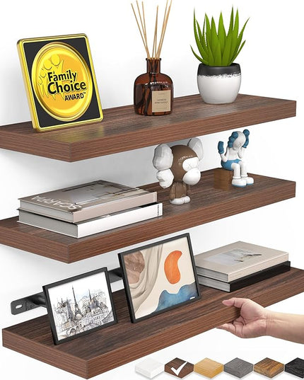 BAYKA Floating Shelves for Wall, Wall Mounted Rustic Wood Shelves for Bathroom, Bedroom, Living Room, Kitchen,Small Hanging Shelf for Books/Storage/Room Decor (Walnut-Like, Set of 3, 15.7in)