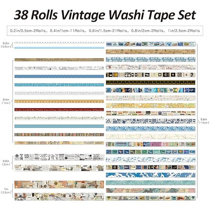 38 Rolls Vintage Washi Tape Set, Vintage Travel Stamp Map Scenery Art Letter Writable Decorative Tapes for Scrapbooking , Junk Journal Supplies, Bullet Journaling 5-25mm Wide 9.84ft long/Roll