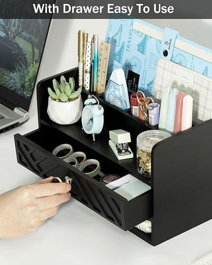 dreampossible Black Wood Desk Organizer and Accessories with Drawer, Bill Mail Organizer and File Mail Holder for Office Supplies, Desk Accessories & Workspace Organizers for Desk Organization