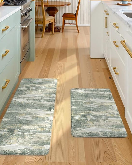 Collive Anti Fatigue Kitchen Mats, Grey/Green Abstract Kitchen Rugs Sets of 2 Non Slip Waterproof Standing Mat, Cushioned Comfort Desk Rug for Home Office, Sink, Laundry, 17"x29"+17"x47"
