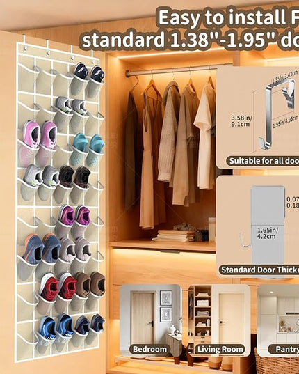 Over the Door Shoe Organizer with 40 Large Pockets, Multi-Purpose Storage for Shoe and Accessories, Durable Fabric with Adjustable Hooks for Home Closet Bedroom Entryway -Beige