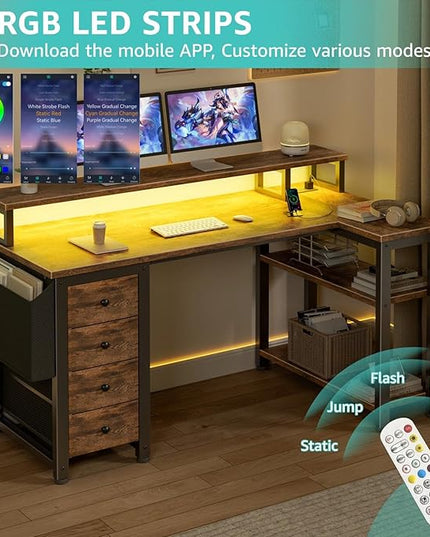 Lufeiya L Shaped Gaming Desk with Led Lights and Power Outlets, 47 Inch Corner Home Office Desk with Monitor Stand Shelves, Writing Study Computer Desks with Fabric Drawers for Bedroom, Rustic Brown