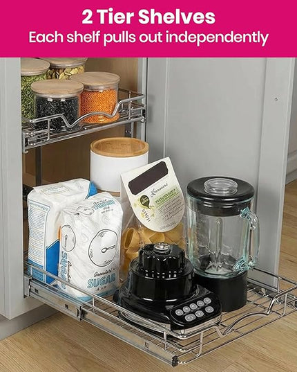 HOLDN’ STORAGE Two Tier Pull Out Cabinet Organizer, Individual Sliding Drawers - Heavy Duty Metal with Lifetime Limited Warranty - Anti Rust Chrome Finish - 17" W x 21”D x 16.5" H