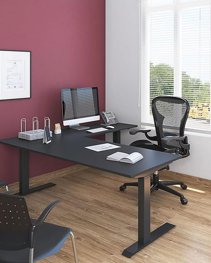 Stand Up Desk Store Triple Motor Electric L-Shaped Corner Standing Desk with EZ Assemble Frame (Black Frame/Black Top, 71" W x 71" D)