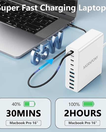 320W USB C Charger Block, 10-Port USB C Charging Station GaN III PD 65W Laptop Fast Charger Adapter for MacBook Pro/Air, DELL, iPad, iPhone, Samsung Galaxy White