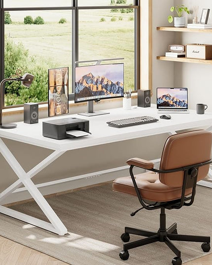 IBF Long White Computer Desk, Modern Simple Large Home Office Desk, Wood Metal Work Study Writing Table for 2 Monitors, Double Pc Gaming Executive Workstation in Bedroom Living Room, White Oak,70 in