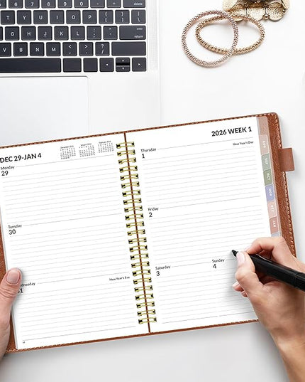 SUNEE 2026 Weekly & Monthly Planner 6.4"x8.5"- 12 Month (January 2026 - December 2026), Vegan Leather Cover, Pocket, Bookmark, Notes, Monthly Tab, Brown