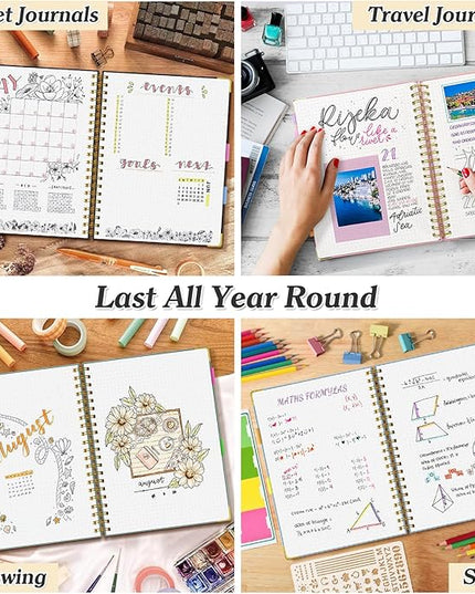 Bullet Dotted Journal Spiral Notebook, 300 Pages Leather Notebooks with Contens, 120 GSM Thick No Bleed Through Paper Journals, A5 Dot Grid Notebook for Women Men Work Writing, 5.5" x 8", Light Blue