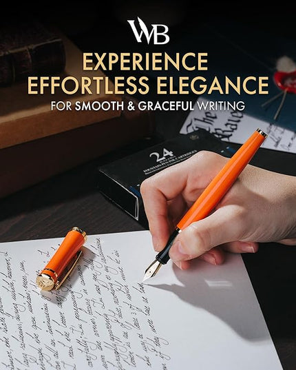 Wordsworth & Black Fountain Pen Set, 18K Gilded Medium Nib, Includes 24 Pack Ink Cartridges, Ink Refill Converter & Gift Box, Gold Finish, Calligraphy, [Orange], Perfect for Men & Women